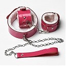 БДСМ набор: ошейник с поводкой + наручники (розовый + розовый пушок)