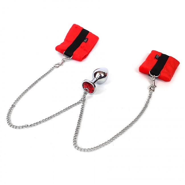      Art of Sex Handcuffs with Metal Anal Plug size M Red