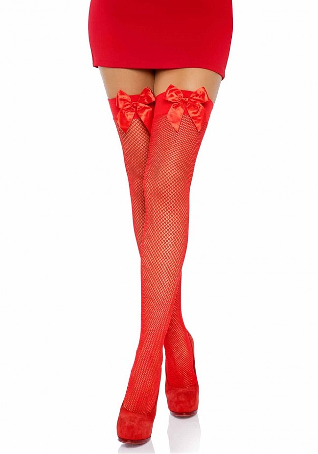 Leg Avenue Fishnet Thigh Highs With Bow OS Red