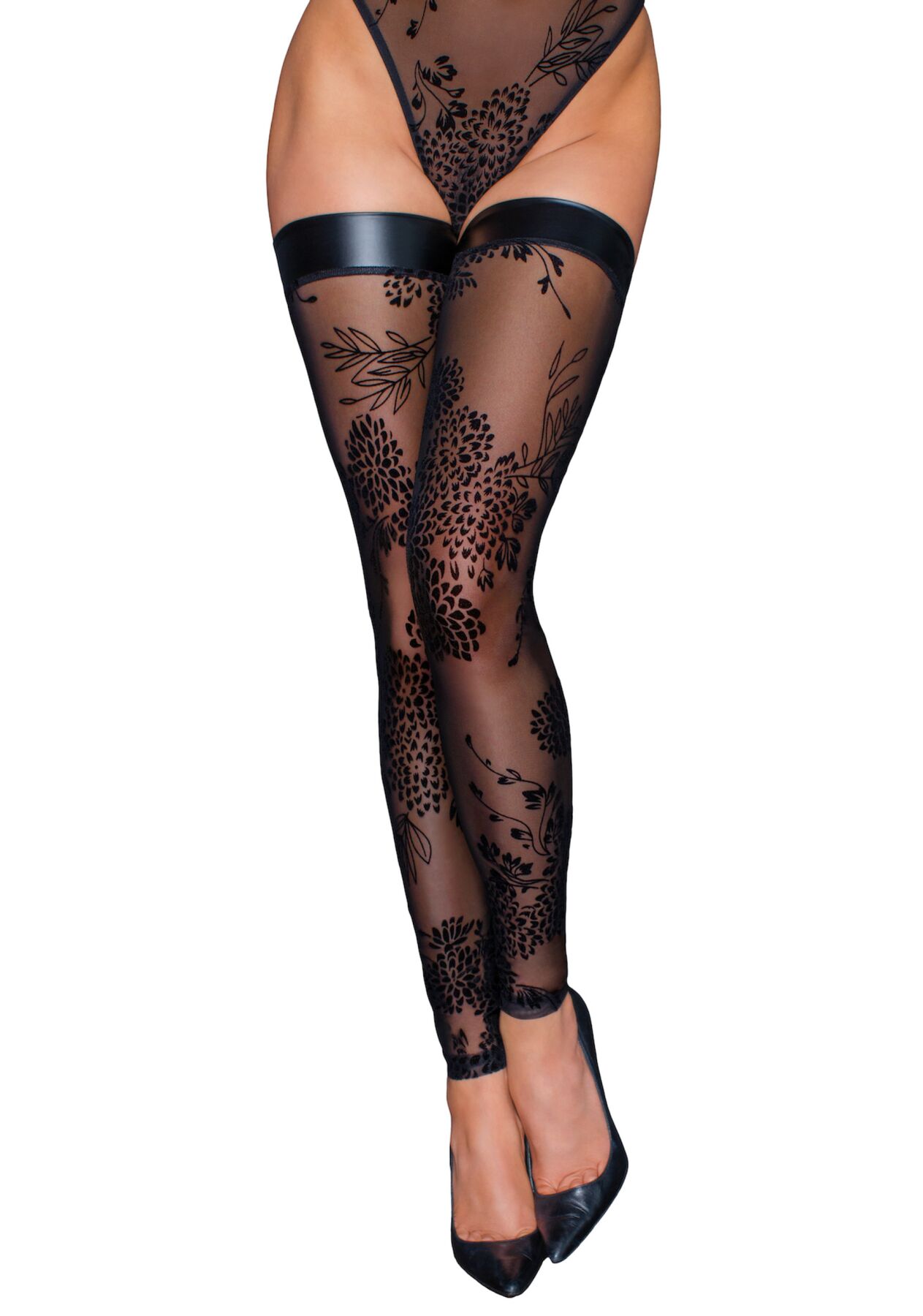  Noir Handmade F243 Tulle stockings with patterned flock embroidery