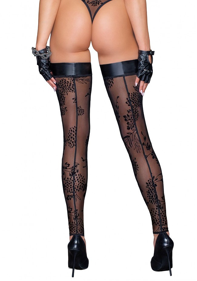  Noir Handmade F243 Tulle stockings with patterned flock embroidery