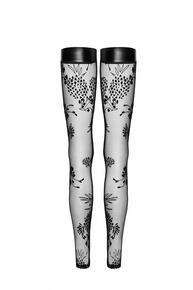  Noir Handmade F243 Tulle stockings with patterned flock embroidery