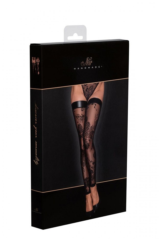  Noir Handmade F243 Tulle stockings with patterned flock embroidery