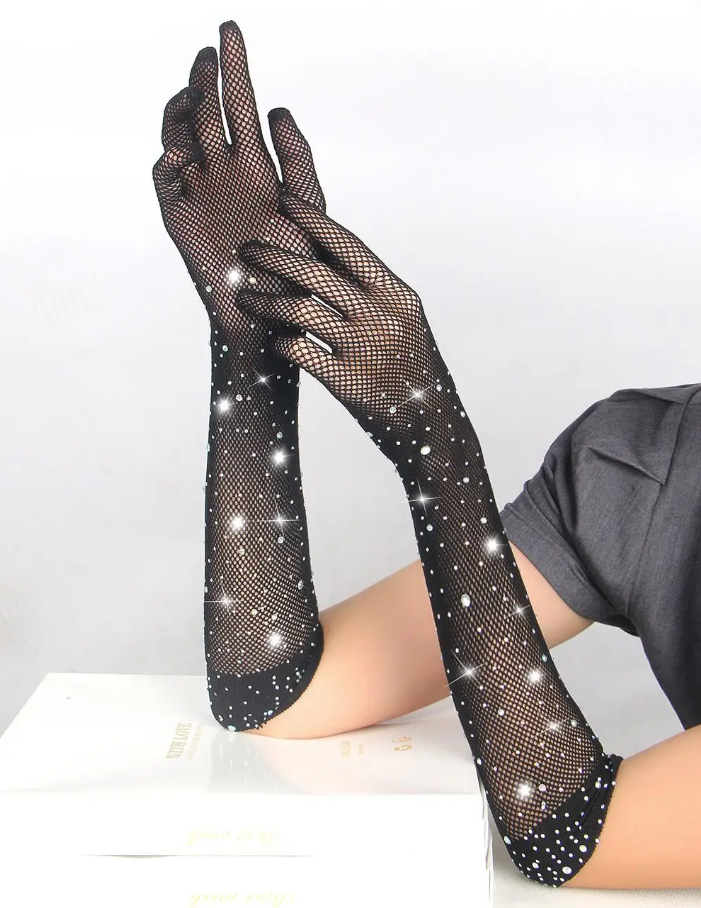      Star Night Sparkle Rhinestone Fishnet Gloves