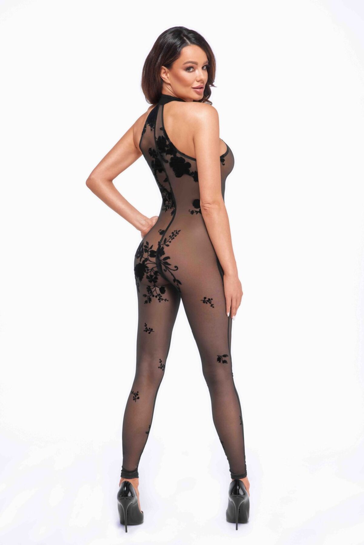 - Noir Handmade F315 Ego flocked mesh halter catsuit,  