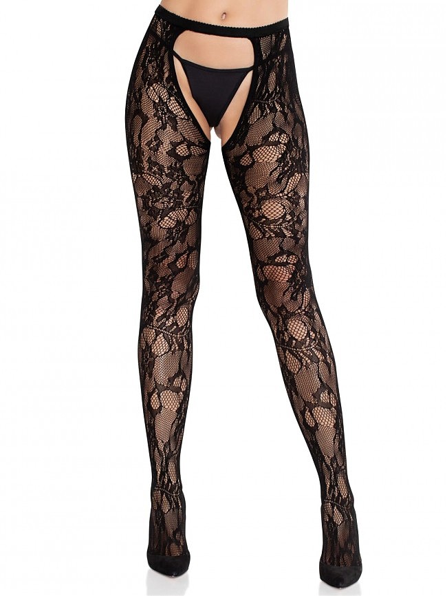     Rose Lace Crotchless Tights with Open One Size Black,  